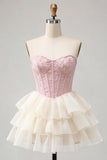 Corsé rosa Sweetheart Línea A, Jacquard con encaje en la espalda Vestido de bienvenida en niveles
