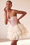Corsé rosa Sweetheart Línea A, Jacquard con encaje en la espalda Vestido de bienvenida en niveles
