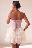 Corsé rosa Sweetheart Línea A, Jacquard con encaje en la espalda Vestido de bienvenida en niveles