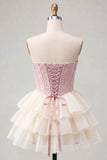 Corsé rosa Sweetheart Línea A, Jacquard con encaje en la espalda Vestido de bienvenida en niveles