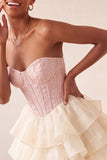 Corsé rosa Sweetheart Línea A, Jacquard con encaje en la espalda Vestido de bienvenida en niveles