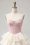 Corsé rosa Sweetheart Línea A, Jacquard con encaje en la espalda Vestido de bienvenida en niveles