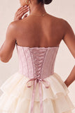 Corsé rosa Sweetheart Línea A, Jacquard con encaje en la espalda Vestido de bienvenida en niveles