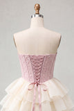 Corsé rosa Sweetheart Línea A, Jacquard con encaje en la espalda Vestido de bienvenida en niveles