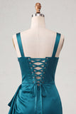 Bodycon corsé vasco de cintura lake blue con volantes