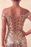 Vestido de Homecoming con body con champán brillante y con lentejuelas