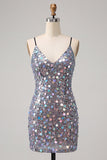 Vestido corto de bienvenida corto con cordones plateados brillantes y lentejuelas
