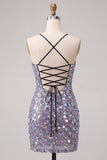 Vestido corto de bienvenida corto con cordones plateados brillantes y lentejuelas