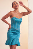 Vestido corto de bienvenida azul con cuentas y volantes Bodycon Lake Blue Bodycon Sin tirantes