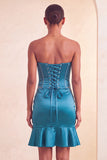 Vestido corto de bienvenida azul con cuentas y volantes Bodycon Lake Blue Bodycon Sin tirantes