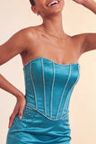 Vestido corto de bienvenida azul con cuentas y volantes Bodycon Lake Blue Bodycon Sin tirantes