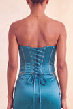 Vestido corto de bienvenida azul con cuentas y volantes Bodycon Lake Blue Bodycon Sin tirantes