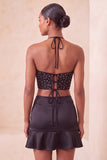 Vestido mini de bienvenida a casa con recortes de corte negro con volantes