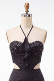 Vestido mini de bienvenida a casa con recortes de corte negro con volantes
