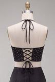 Vestido mini de bienvenida a casa con recortes de corte negro con volantes