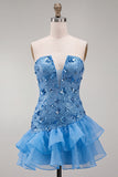 Vestido corto de bienvenida a casa con lentejuelas sin tirantes azules y con volantes