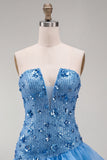 Vestido corto de bienvenida a casa con lentejuelas sin tirantes azules y con volantes
