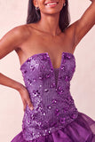 Vestido corto de bienvenida a casa con lentejuelas sin tirantes azules y con volantes