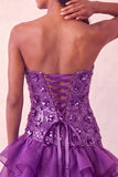 Vestido corto de bienvenida a casa con lentejuelas sin tirantes azules y con volantes