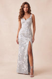 Sirena floral gris claro Tirantes gruesos Vestido formal largo con abertura