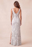 Sirena floral gris claro Tirantes gruesos Vestido formal largo con abertura