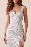 Sirena floral gris claro Tirantes gruesos Vestido formal largo con abertura