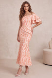 Vestido formal Midi fruncido con lentejuelas de melocotón y manga aleteante