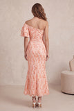 Vestido formal Midi fruncido con lentejuelas de melocotón y manga aleteante
