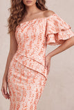 Vestido formal Midi fruncido con lentejuelas de melocotón y manga aleteante