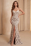 Sirena champán Lentejuelas florales de tirantes finos Vestido formal largo con abertura