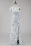 Vestido formal largo de sirena floral lila de chifón con abertura