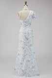 Vestido formal largo de sirena floral lila de chifón con abertura