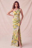 Vestido formal largo largo de sirena floral de un solo hombro y abertura amarillo