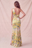 Vestido formal largo largo de sirena floral de un solo hombro y abertura amarillo