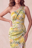 Vestido formal largo largo de sirena floral de un solo hombro y abertura amarillo