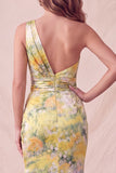 Vestido formal largo largo de sirena floral de un solo hombro y abertura amarillo
