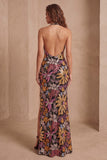 Lentejuelas negras, cuello de sirena floral con cuello halter, vestido formal largo con abertura