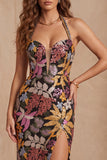 Lentejuelas negras, cuello de sirena floral con cuello halter, vestido formal largo con abertura