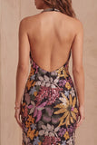 Lentejuelas negras, cuello de sirena floral con cuello halter, vestido formal largo con abertura