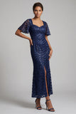 Sirena azul marino brillante Mangas aleteantes Lentejuelas Vestido midi de madre de novia con abertura