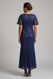 Sirena azul marino brillante Mangas aleteantes Lentejuelas Vestido midi de madre de novia con abertura