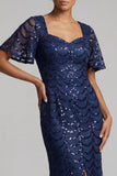 Sirena azul marino brillante Mangas aleteantes Lentejuelas Vestido midi de madre de novia con abertura