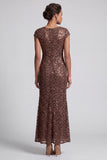 Vestido midi de madre de la novia con mangas gordas de sirena azul marino brillante de cuello redondo