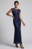 Vestido midi de madre de la novia con mangas gordas de sirena azul marino brillante de cuello redondo