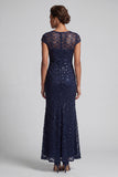 Vestido midi de madre de la novia con mangas gordas de sirena azul marino brillante de cuello redondo