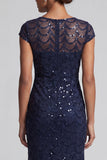 Vestido midi de madre de la novia con mangas gordas de sirena azul marino brillante de cuello redondo