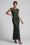 Vestido midi de madre de la novia con mangas gordas de sirena azul marino brillante de cuello redondo