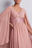 Vestido midi midi de Madre de la novia azul cielo de gasa en V con mangas tipo capa