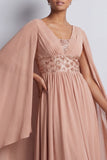 Vestido midi midi de Madre de la novia azul cielo de gasa en V con mangas tipo capa