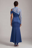 Vestido azul de sirena de cuello alto con franzas midi de madre de la novia con abertura